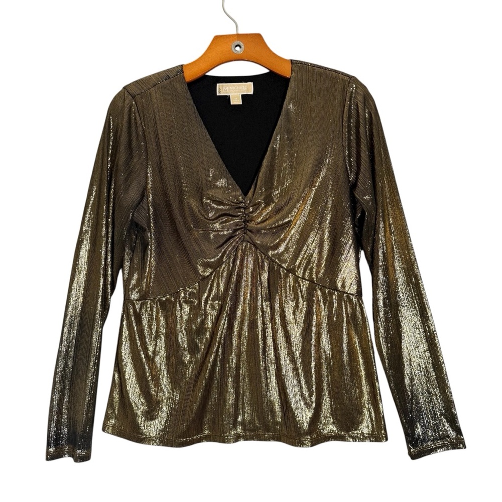 Michael Michael Kors Gold Blouse Holiday Foil babydoll V Neck Maximalist